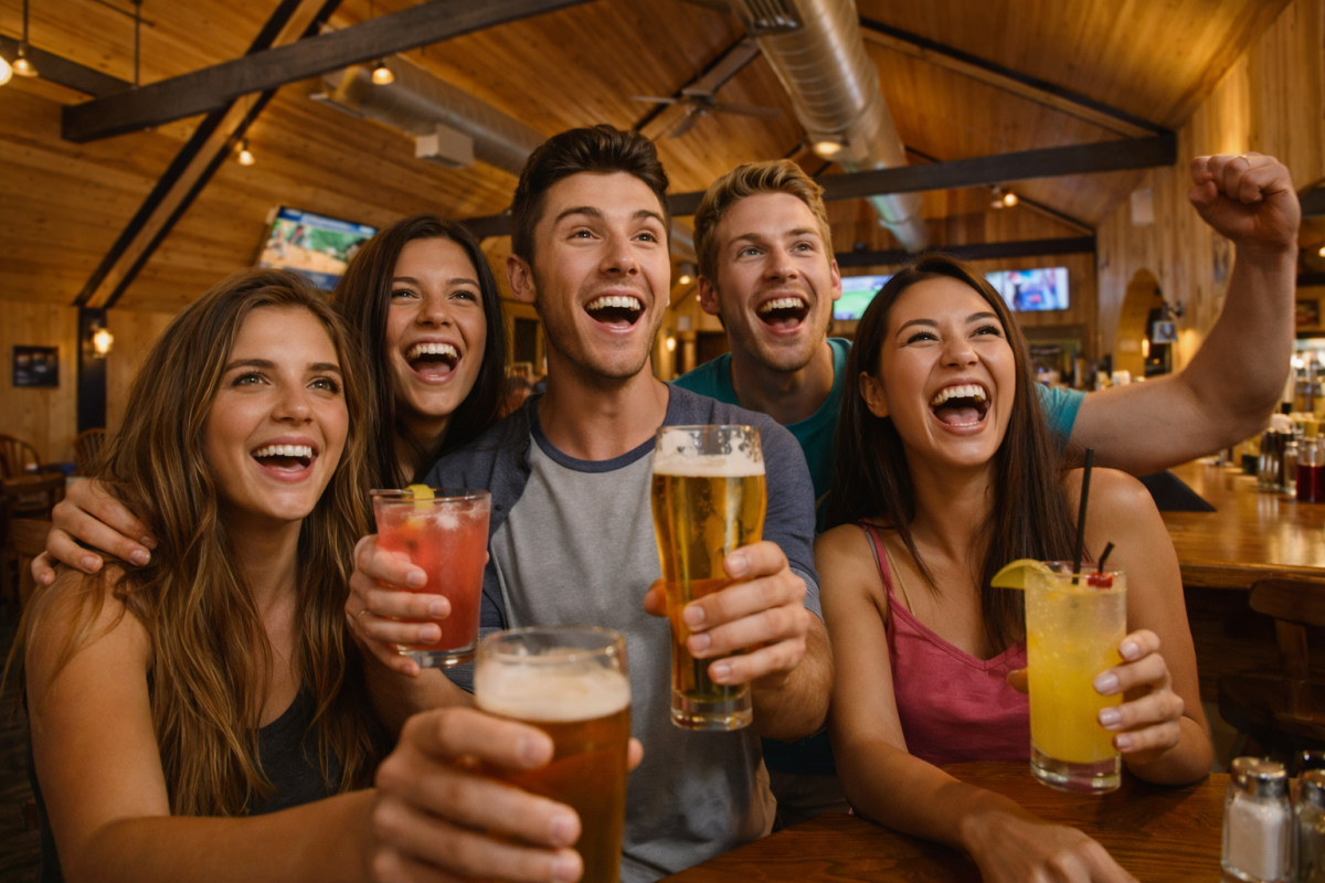 Friends enjoying drinks at The Lodge at Indian Lake bar and restaurant